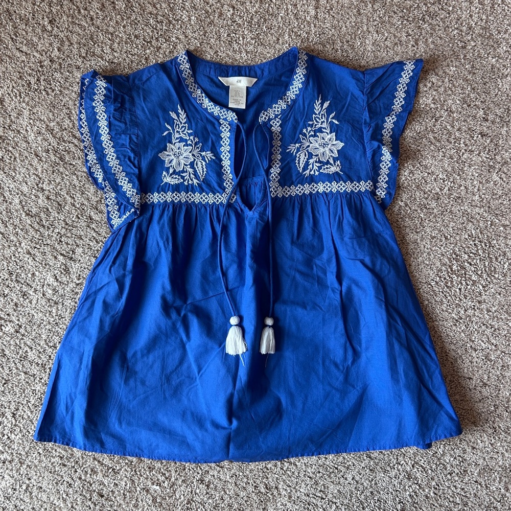 H&M Royal Blue Embroidered Tassel Babydoll Blouse